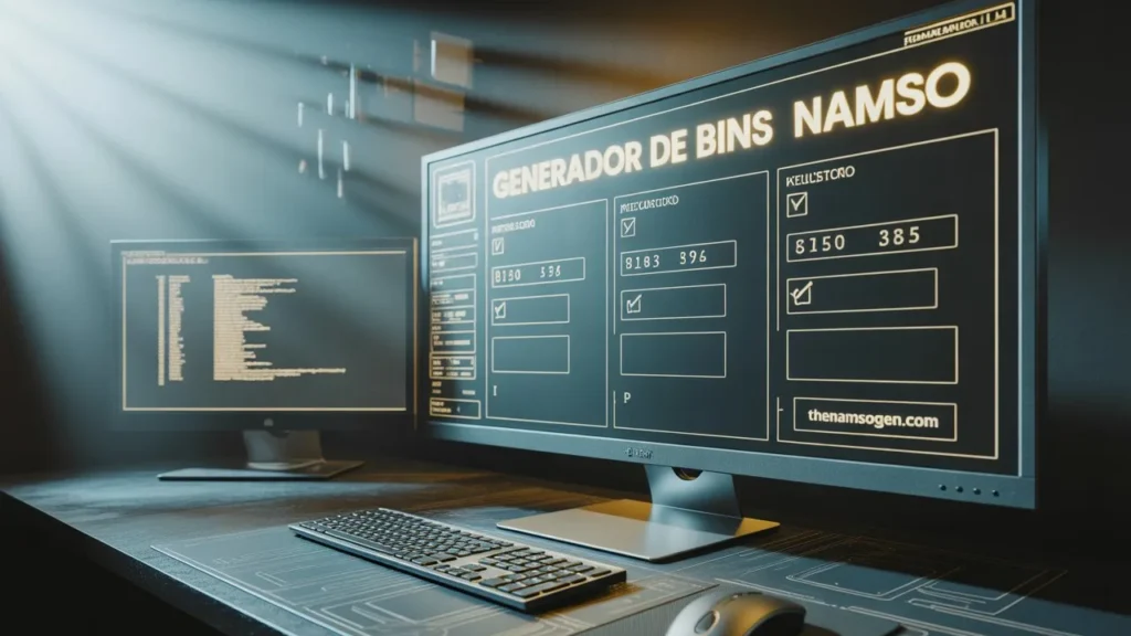 Diagrama de flujo que muestra el proceso interno del generador de BINs Namso: entrada de BIN de 6 a 8 dígitos, generación aleatoria de dígitos intermedios y cálculo del check digit final mediante algoritmo Luhn Mod 10